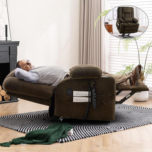 Large Dual Motor Lay Flat Power Lift Recliner Chair, Massage Recliner with Heat for Living Room, Lumbar Pillow, USB & Type-C Ports, Oversized Recliner for Elderly & Big People - Brown