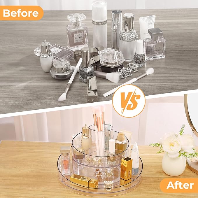 360° Rotating Makeup Organizer - Cosmetic Skincare Organizers wish Brush Holder, Large Capacity Cosmetic Display Case for Vanity, Bathroom Countertop (Clear)