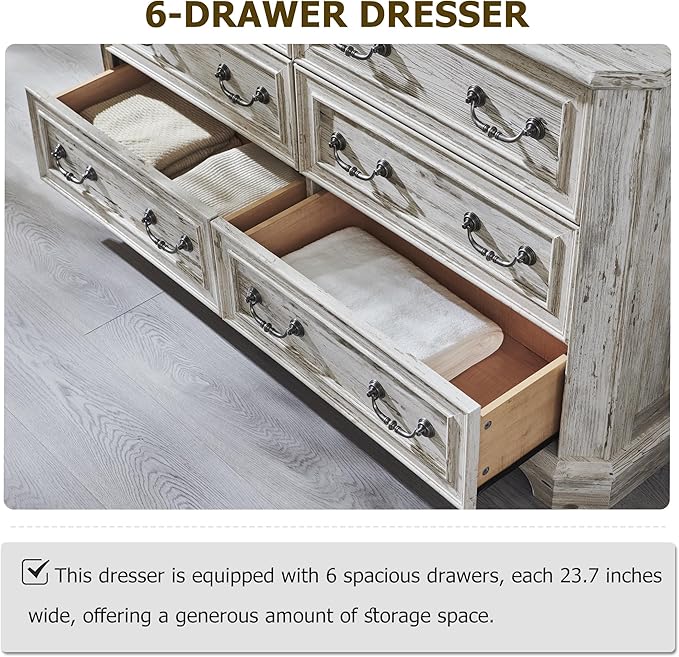 T4TREAM Farmhouse 6 Drawers Dresser for Bedroom, 54" Wide Wood Rustic Chest of Drawers with Natural Texture, Vintage Design, Storage Dressers Organizer for Bedroom, Living Room, Distressed White
