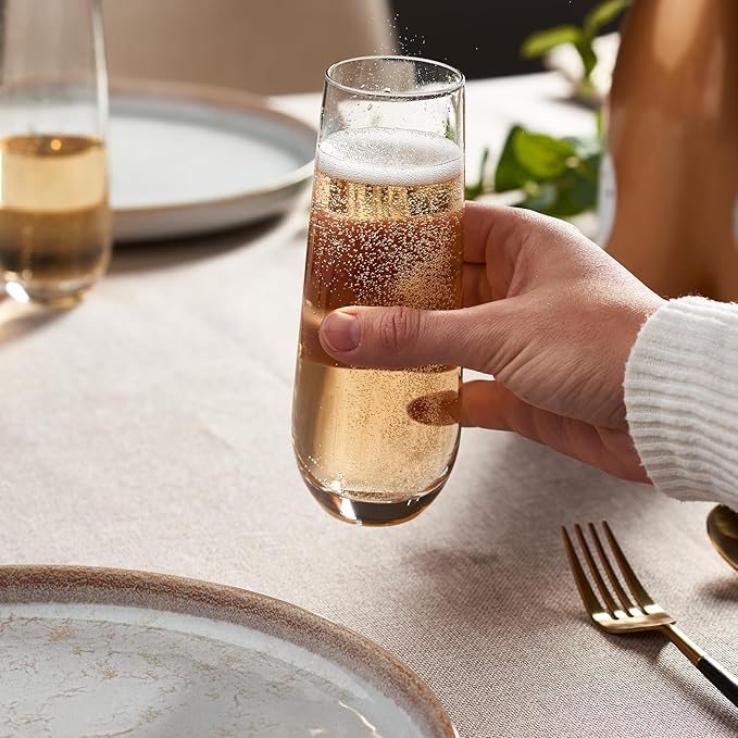 GLING [9.4 oz. Stemless Champagne Glasses Set of 4, Flute Crystal Glass Cups, Cocktail Glass Set - Great for Parties, Weddings and All Occasions