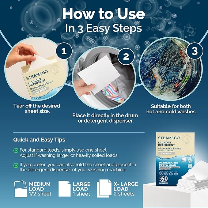 Steam and Go Laundry Detergent Sheets – 3in1 Dissolvable Sheets with Deep Cleaning, Fragrance-Free, & Hygienic Purifying Action – Hypoallergenic, Vegan & Cruelty-Free - Unscented – 30 Ct