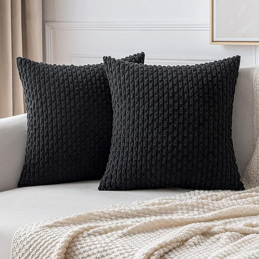 MIULEE Throw Pillow Covers Soft Corduroy Decorative Eruo Sham Set of 2 Boho Striped Pillow Covers Pillowcases Farmhouse Home Decor for Couch Bed Sofa Living Room 24x24 Inch Black