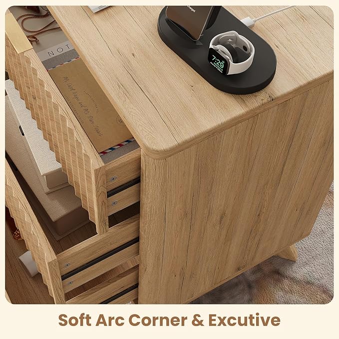 30" Tall Fluted NightStand Set of 2,Modern Side Table with Storage, 3 Drawers End Table with Charging Station,Night Stand Wood Bedside Tables for Bedroom,Curved Profile Design,Natural Oak