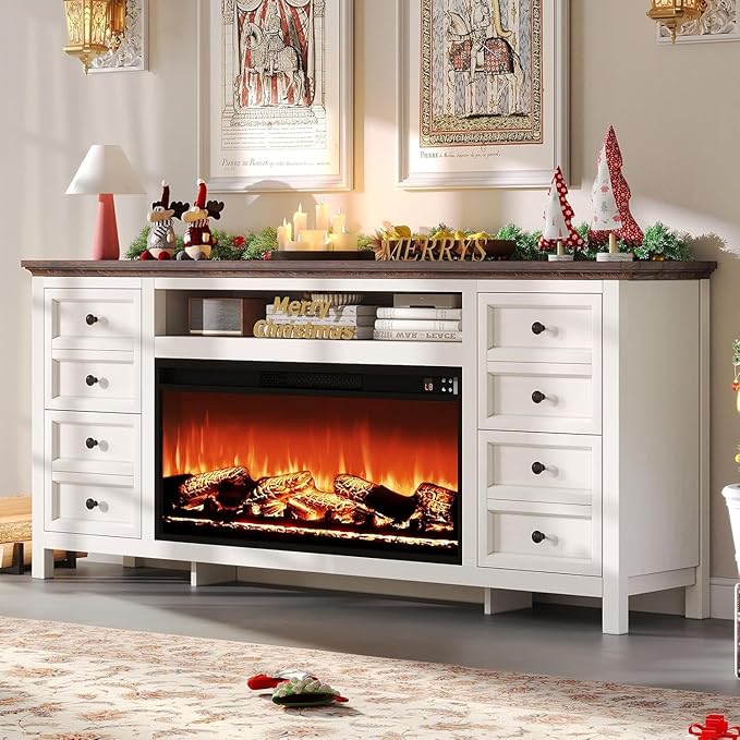 AMERLIFE 70" Farmhouse TV Stand with 37" Fireplace for 80" TVs - Dresser TV Stand w/Heater, 4 Storage Drawers, Rustic Media Entertainment Center for Living Room, Bedroom, White