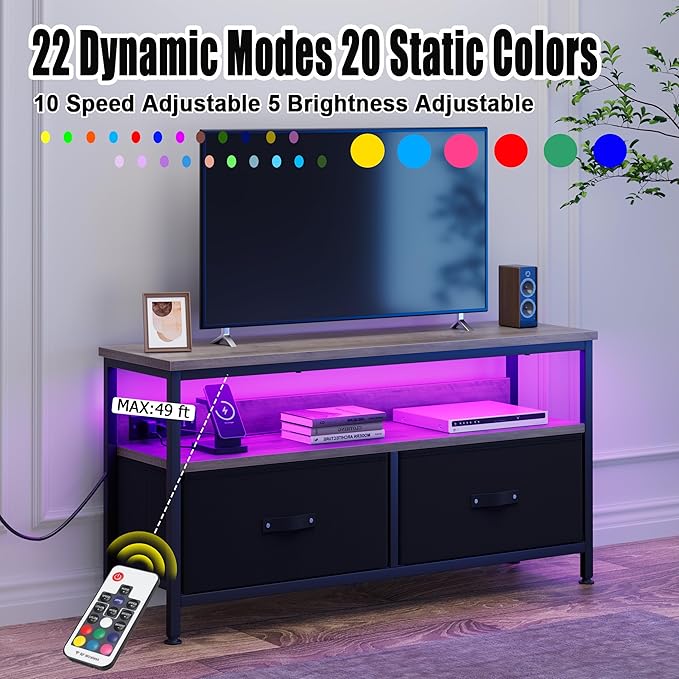 39" Dresser TV Stand for TVs up to 50", Media Console with LED Lights, Charging Station & 2 Drawer Storage Chest, Gaming Entertainment Center with Storage for Bedroom (Grey, 39 in)