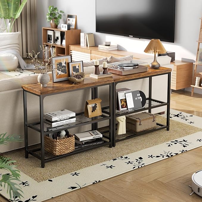 32" Small Console Table, 3-Tier Entryway Table, Sofa Table with Mesh Shelves, Console Tables for Living Room, Bedroom, Hallway, Entryway, Foyer, Rustic Brown