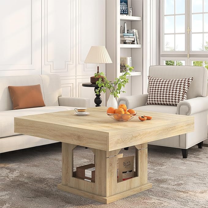 Square Coffee Table, Wooden Coffee Table with Storage and Cat House, Cocktail Table for Living Room, Farmhouse Large Natural Wood Center Table