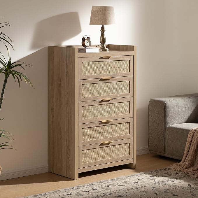 SICOTAS Dresser for Bedroom Chest of Drawers 46" Tall Dresser for Closet with 5 Rattan Drawers Boho Night Stand Large Clothes Storage Cabinet for Living Room Hallway Nursery Entryway