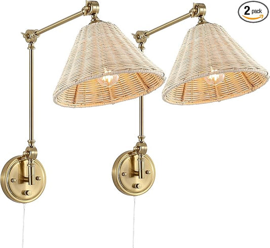 WINGBO Wall Sconce Rattan Wrapped Wall Lamp, Large Lampshade, Adjustable Swing Arm Wall Light Gold Vintage Bedside Light Fixture Wicker Handmade Shade Brass Reading Light Plug in or Hardwire (2 Pack)