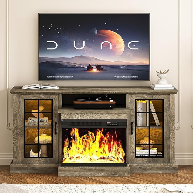 MXV 59'' Fireplace TV Stand, Farmhouse Entertainment Center with 3 Sided Glass TV Stand, Modern Media Console Table with Storage Drawers & Cabinets with LED Flame and Lights for Living Room, Gray