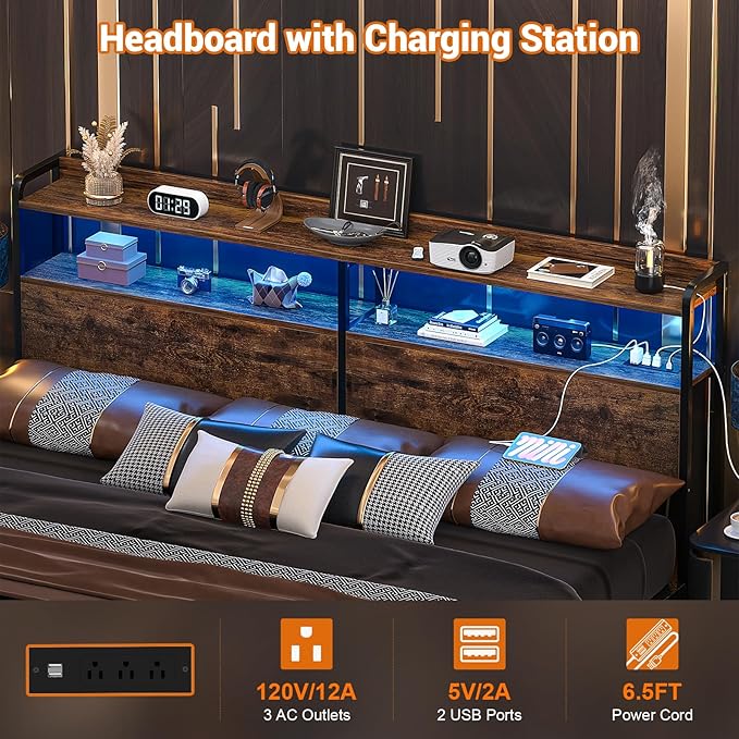 Aheaplus Headboard for King Size Bed Frame, Headboards with Outlets, USB Ports and LED Light, Head Board with Storage, Height Adjustable, Sturdy and Stable Headboard, King Size, Rustic Brown