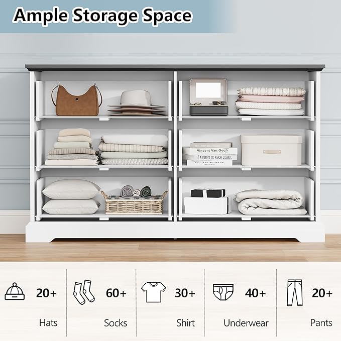 Dresser for Bedroom with 6 Drawer, Farmhouse Dresser for Closet, 53'' Wide Rustic Wooden Chest of Drawers with Natural Wood Texture, Vintage Storage Organizer for Living Room, Hallway, White