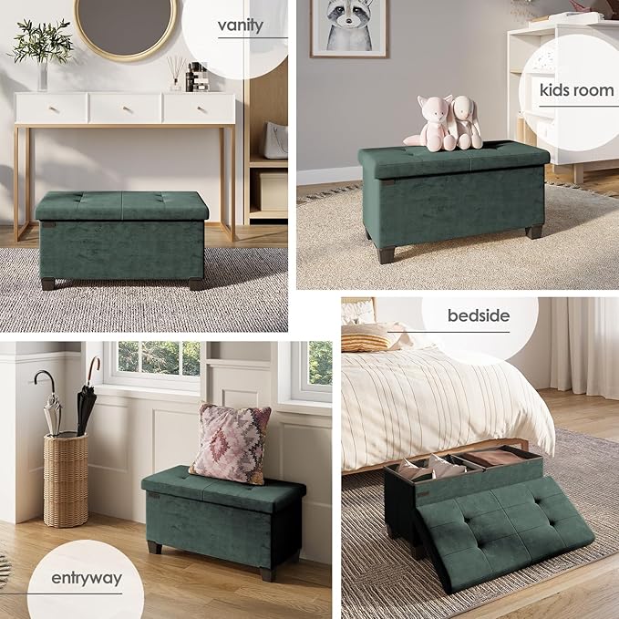 STORAGEBUD Storage Ottoman Bench with Bins, 30-in Storage Bench for Bedroom End of Bed, Folding Foot Rest Ottoman for Living Room Max 660lbs, Velvet Ottomans, Green