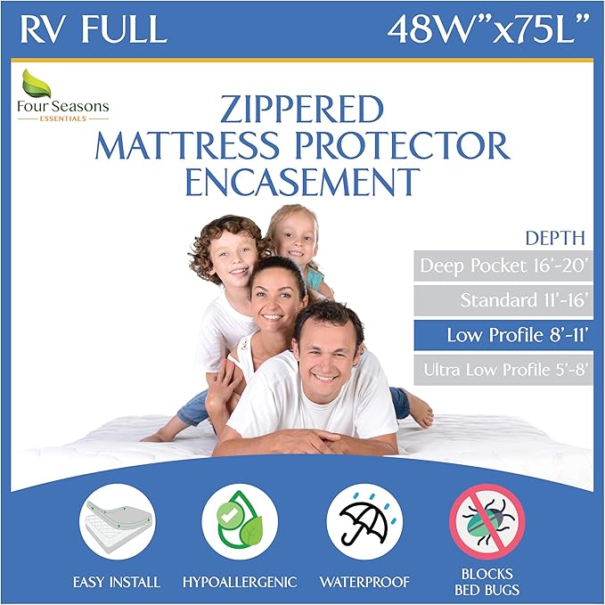 RV Short Full Mattress Protector Fits 8"-11" Depth - Zippered Waterproof Bed Bug Three Quarter 3/4 Full Mattress Encasement (48”Wx75 L) - Hypoallergenic Premium Bed Cover Protects from Dust Allergens