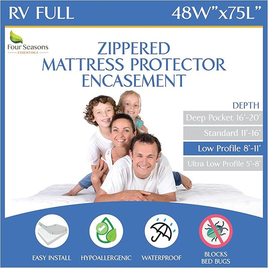 RV Short Full Mattress Protector Fits 8"-11" Depth - Zippered Waterproof Bed Bug Three Quarter 3/4 Full Mattress Encasement (48”Wx75 L) - Hypoallergenic Premium Bed Cover Protects from Dust Allergens