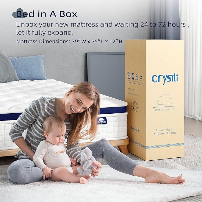 Crystli Twin Size Mattress, 12 Inch Memory Foam Mattress Bed in A Box, Innerspring Hybrid Twin Size for Pressure Relief, Medium Firm, CertiPUR-US Certified