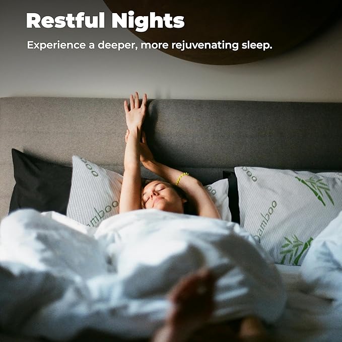 OMEO 2 Pack King Size Rayon Derived from Bamboo Pillow for Sleeping Shredded Memory Foam Bed Pillows for Side, Back and Stomach Sleepers, Soft, Cooling, Adjustable and Washable Cover 20" x 36"