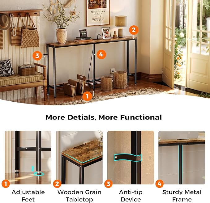 SUPERJARE Console Table with Outlet, 63 Inch Sofa Table with Charging Station, Narrow Entryway Table, Behind Couch Table, for Living Room, Plants - Rustic Brown