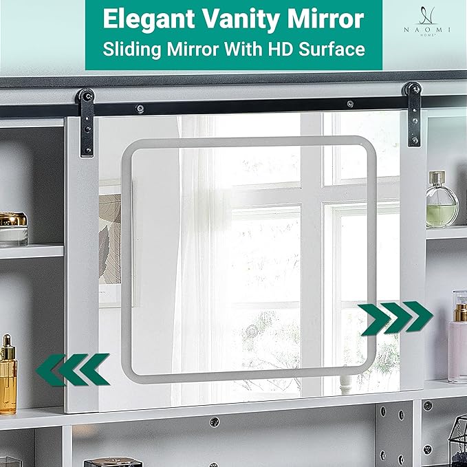 Naomi Home Vanya 47" Makeup Vanity with Sliding Mirror and Lights Farmhouse Vanity Table with 5 Drawers 2 cabinets Visible Glass top and 3 Color Lighting Modes Charging Station with Stool