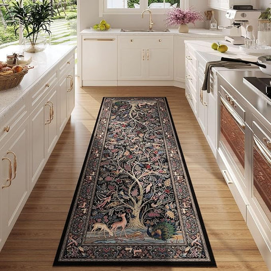 Runner Rug 2x6 Vibrant Tree of Life-Patterned Vintage Kitchen Rugs Non Slip Washable Soft Carpet Runner for Laundry Bedroom Bathroom, Black