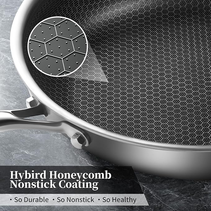 Tri-Ply Stainless Steel Frying Pan Set with Lid,9.5Inch 11Inch Nonstick Honeycomb Stainless Steel Cooking Pan Set of 2 Skillet Works Pan for Cooking with Induction Gas Stovetops