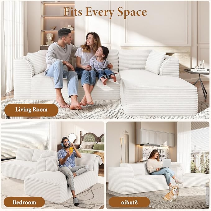 Vesgantti 106" Modular Sectional Sofa with Chaise, Deep Seat Comfy Cloud Couch Corduroy L Shaped Sofa Sectional Couches for Living Room Bedroom, No Assembly Required (Beige, Right-Facing Chaise)