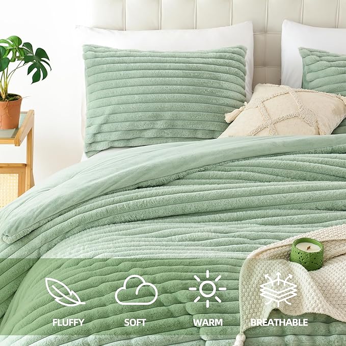 Smoofy Fluffy Full Size Comforter Sets 3 Pieces - Sage Green Fleece Fluffy Comforter Set, Luxury Fuzzy Full Bed Set, Soft Comforter Full Size All Season, Heavy Faux Fur Comforter with 2 Pillow Cases