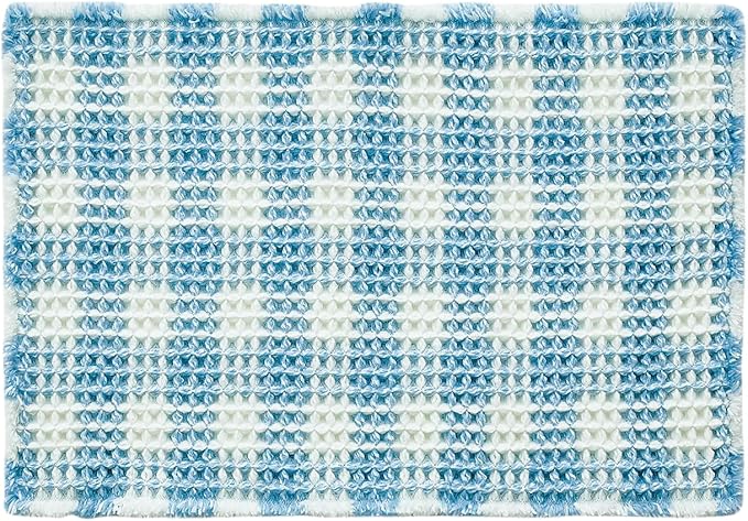 Waffle Bath Mat, Boho Bathroom Rugs Non Slip Washable Absorbent Checkered Bathroom Mat Quick Dry Cute Bath Mat, 24"x16" Blue and White