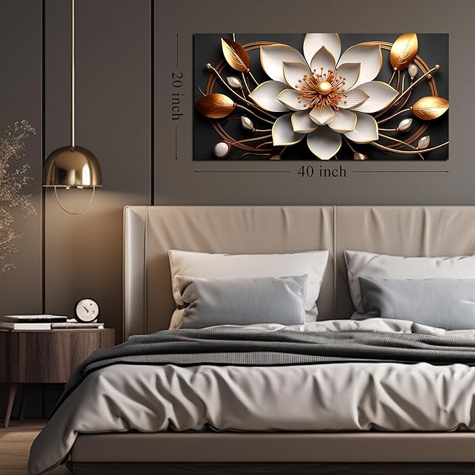 Large Artwork Canvas Wall Art for Living Room Office Room Bedroom Decor Wall Painting White and Gold Flowers Picture Modern Decorative Painting with Frame Ready to Hang Canvas Decor Size 20x40