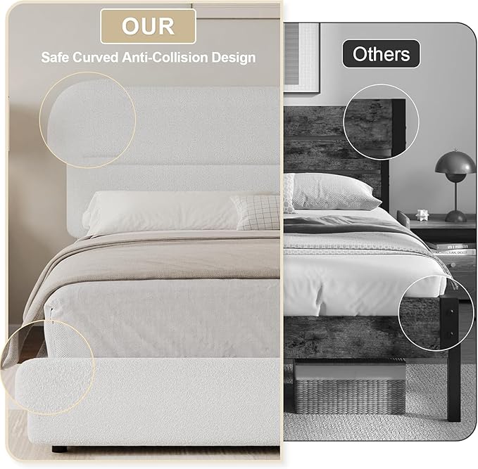 HOMBCK King Size Boucle Bed Frame, White Upholstered Platform Bed Frame King with Soft Headboard, Thickened Footboard, Rounded Corners, No Box Spring Required, Easy Assembly, White