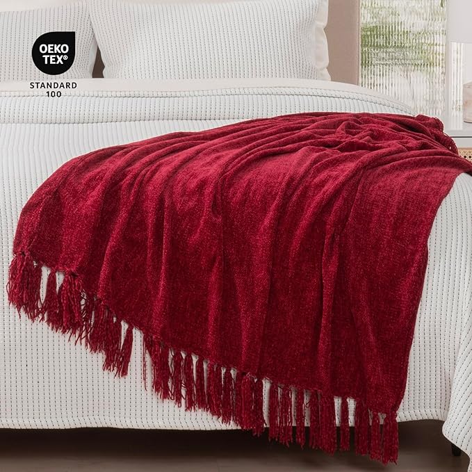 RECYCO Throw Blanket Soft Cozy Chenille Throw Blanket with Fringe Tassel for Couch Sofa Chair Bed Living Room (Christmas Red, 50'' x 60'')