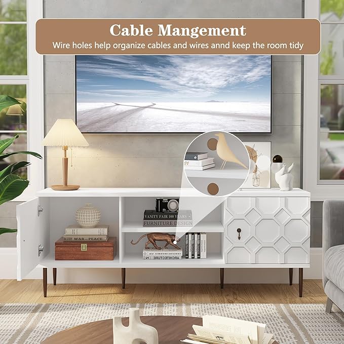 Modern TV Stand for 65/70inch TV, Entertainment Center with Storage Cabinet and Open Shelves, Embossed Pattern TV Stand, TV and Media Console for Living Room, Bedroom, White