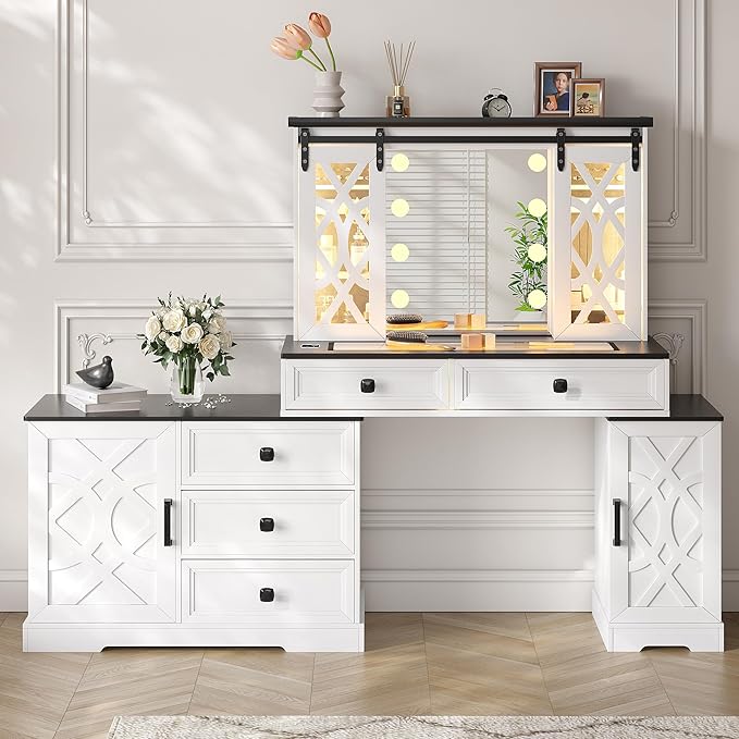 Farmhouse Makeup Vanity with Mirror & Lights, Large Vanity Desk with 5 Drawers & 9 Storage Shelves, Dressing Table with Jewelry Armoire, Vanity Gifts for Wife Girlfriends Women Lady Girl, White