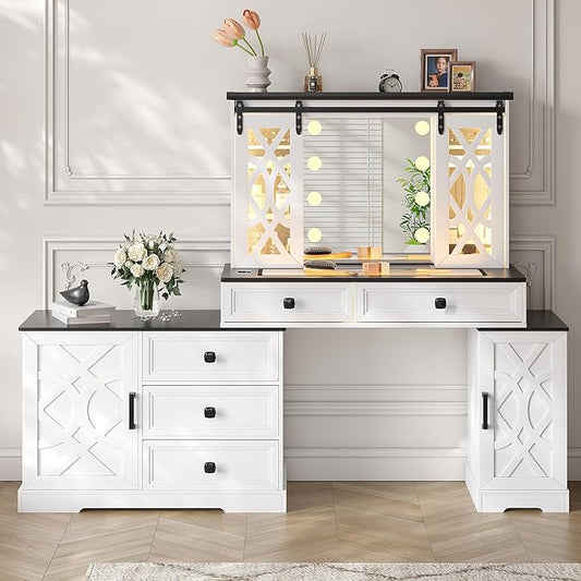 Farmhouse Makeup Vanity with Mirror & Lights, Large Vanity Desk with 5 Drawers & 9 Storage Shelves, Dressing Table with Jewelry Armoire, Vanity Gifts for Wife Girlfriends Women Lady Girl, White