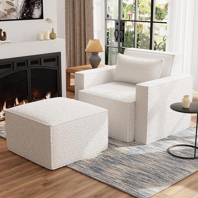 ELUCHANG Oversized Accent Chair with Ottoman,Modern Boucle Sofa Chair with Strong Wood Frame,High Supportive & Soft Sponges Comfy Upholstered Armchair Reading Chairs for Apartment White