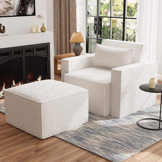 ELUCHANG Oversized Accent Chair with Ottoman,Modern Boucle Sofa Chair with Strong Wood Frame,High Supportive & Soft Sponges Comfy Upholstered Armchair Reading Chairs for Apartment White