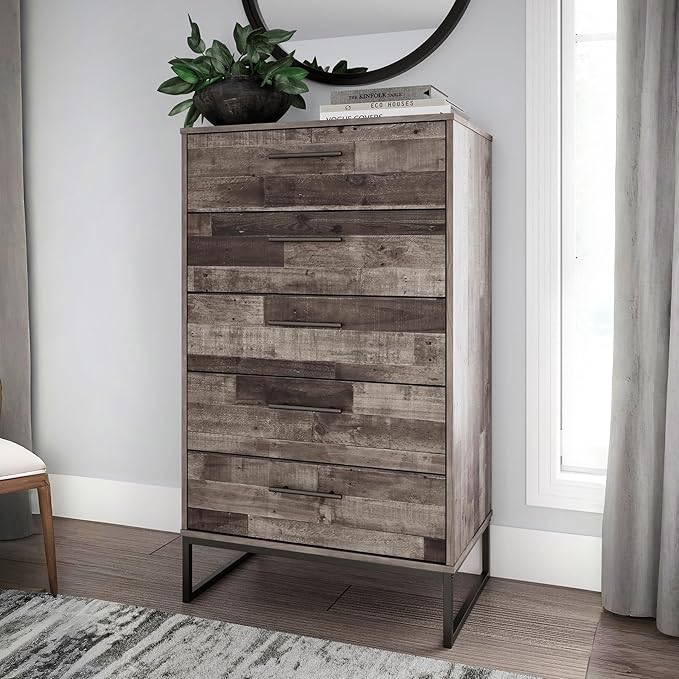 Signature Design by Ashley Neilsville Industrial 5 Drawer Chest of Drawers with Smooth-Gliding Drawers and Safety Stop, Gray