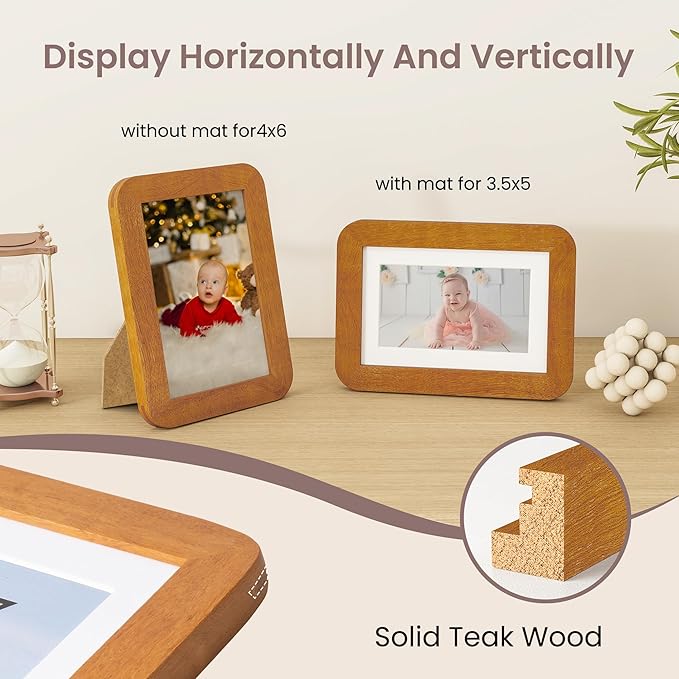4x6 Picture Frame - Solid Teak Wood Photo Frame 4x6 with Mat for 3.5x5, 4''x6''Photo Frame,Tabletop and Wall Display, Hanging Hardware Included, 4 By 6 Picture Frame Wood, Natural Teak