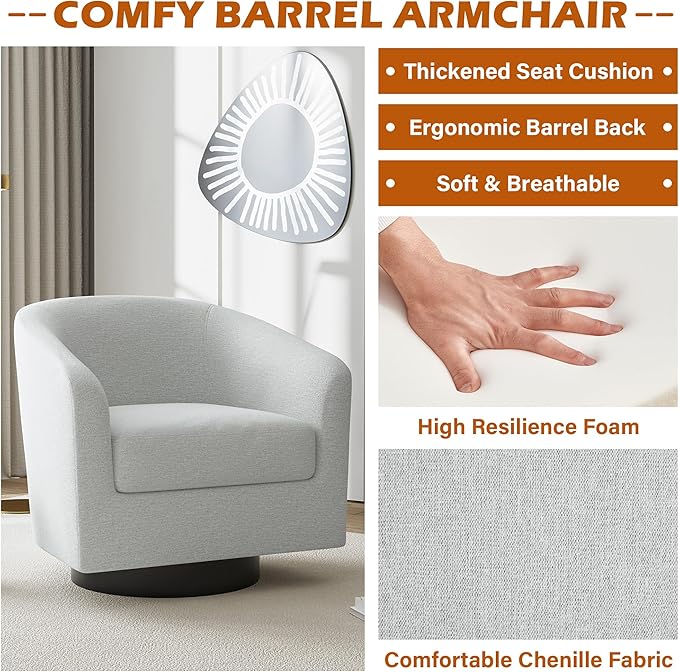 UIXE Swivel Accent Chairs Set of 2, Chenille Barrel Chair Upholstered Armchair for Living Room, Modern Round Arm Chair Small Single Sofa Bedroom Reading Seat - Beige