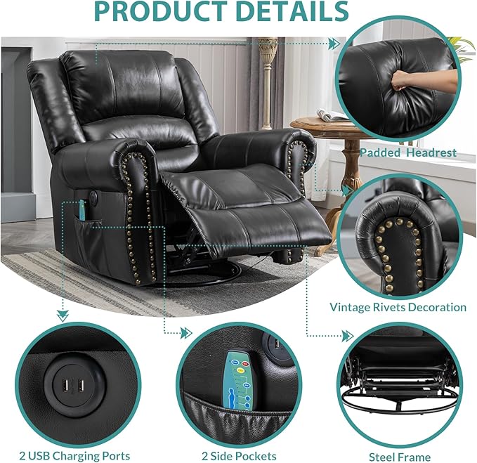 MEETWARM Massage Swivel Rocker Recliner with Heat and Vibration, Manual Glider Rocking Recliner Chair, 360°Swivel Lounge Reclining Chair with Remote Control/USB Ports for Living Room(Black)