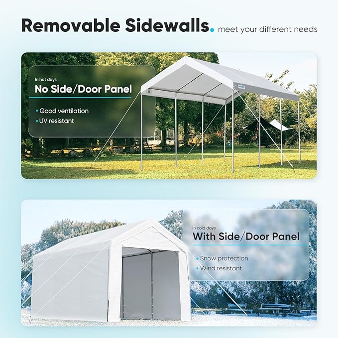 ADVANCE OUTDOOR 10x20 ft Heavy Duty Carport Garage Shelter, Adjustable Height (6.5-11ft) Waterproof Canopy with Removable Sidewalls for Cars, RV, Boat, Truck, Party - White