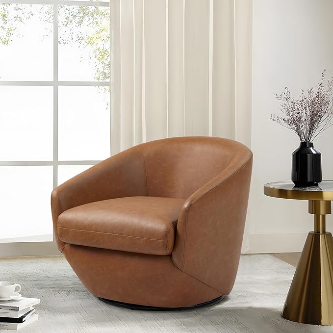 Swivel Barrel Accent Chair, Modern Round Faux Leather Arm Chair for Living Room, Bedroom, Comfy Club Reading Chairs for Adults(Faux Leather, Brown, Set of 2)