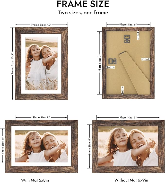 6x9 Picture Frame with Glass, Display Pictures 5x8 with Mat or 6 x 9 without Mat - Wall and Tabletop, 6 by 9 Photo Wooden Frames (Rustic Brown, 1 Pack)