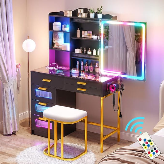 HENBC Vanity Desk with Sliding Mirror and Glass Desktop, LED Vanitys Mirror with RGB Lights Desk and Chair, Dressers Table Set with Charging Station/Makeup Organizer/6 Drawers for Bedroom(Black)