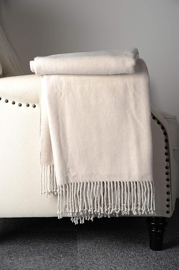 EP Mode Fringed Mulberry Silk Throw Blanket for Sofa (Whisper White)