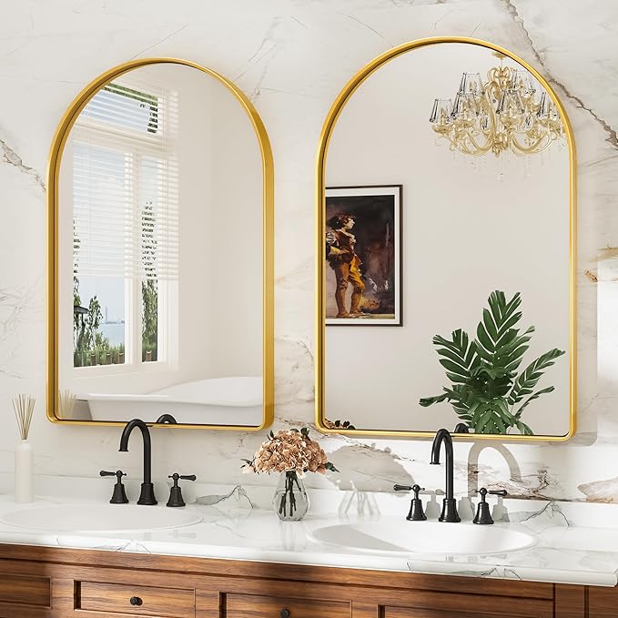 Suidia 24" x 36" Bathroom Mirror, Bathroom Vanity Mirror Metal Framed, Wall-Mounted Mirrors for Bedroom, Living Room, Entryway, Hallway, Gold, Arch Style
