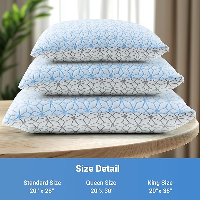 puredown Standard Pillows Set of 2, Cooling Pillow Full Size 2 Pack, Adjustable Shredded Memory Foam Pillows for Side Back Stomach Hot Sleepers, Ice Blue