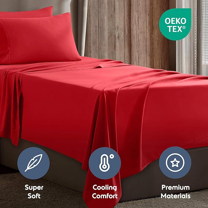 Nestl Twin Sheet Set - 1800 Ultra-Soft Microfiber Twin Bed Sheets - Double Brushed - Deep Pockets - Easy Fit - Extra Soft - 3 Piece Set - Bedding Sheets & Pillowcases (Twin, Red)