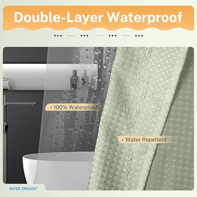 River Dream 3 in 1 Shower Curtain Set, Waffle Fabric Shower Curtain and Waterproof Clear Liner Set with Double Sided Metal Hooks, Sage Green, 72" W*72" H