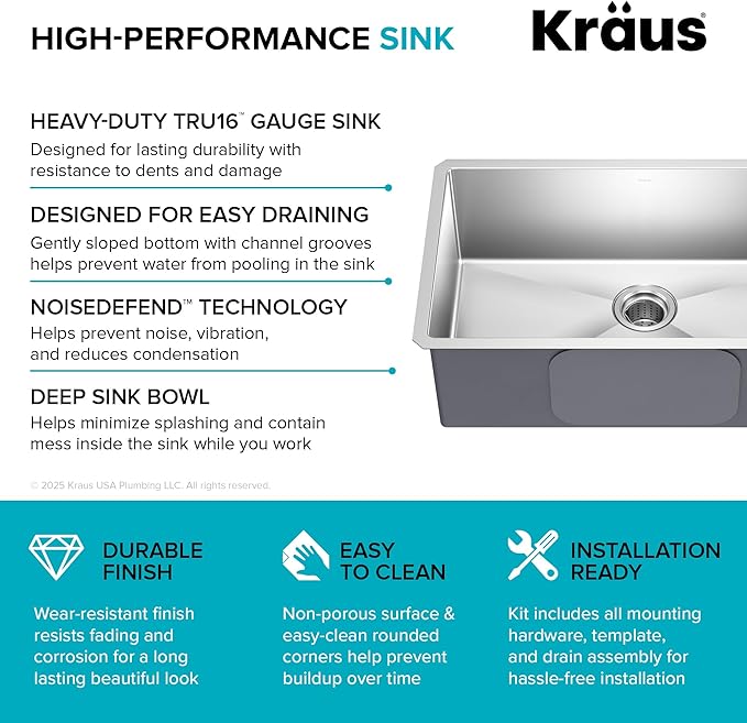KRAUS Standart Pro 30 -inch Undermount Single Bowl 16 Gauge Stainless Steel Kitchen Sink, KHU100-30